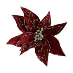 Red Poinsettia with patterned leaf on CLip