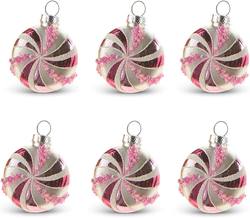 Pink Glittered Peppermint Ornaments - Set of 6