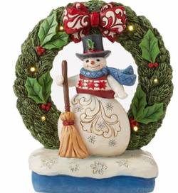 Snowman in Lit Wreath