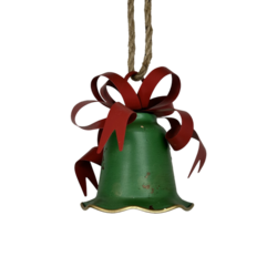 Green Metal Bell with Red Bow - Small