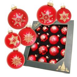 Boxed Glass Baubles - Red with Gold Snowflake - Set of 16