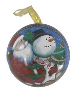 Metal Hanging Ball Decoration with Santa & Snowman in a Sleigh