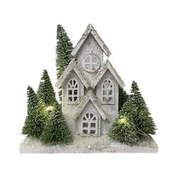 White Wooden house with Lights in Tree - 30cm