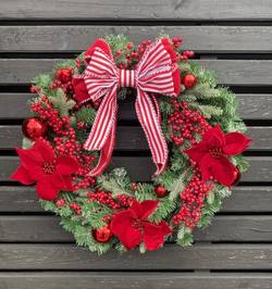 Handmade Berry Christmas Wreath with Striped Bow - 25"