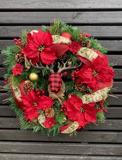 Handmade Red Woodland Wreath with Deer - 28"