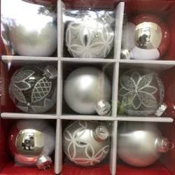 Boxed Glass Baubles - Silver 80mm - Set of 9