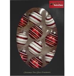 Boxed Glass Baubles - Red & White 45mm - Set of 10