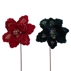 Emerald Green and Red Velvet Magnolia with Beading on Clip - 2 Assorted