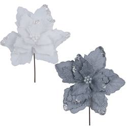 Poinsettia on Stem - White & Silver - 2 Assorted