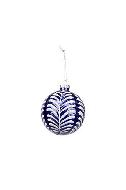 Glass Blue Bauble  with White Frond Pattern - 8cm
