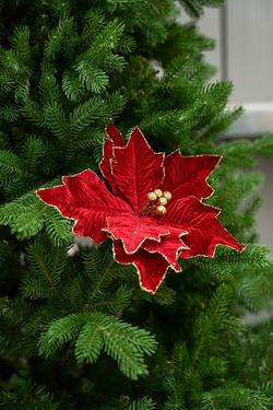 Burgundy Glittered Velvet Poinsettia Pick